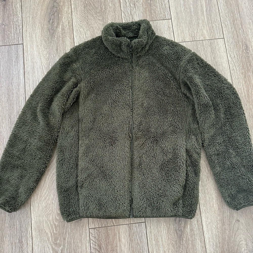 Uniqlo Olive Green Fluffy Yarn Fleece Full Zip Teddy Jacket Size S